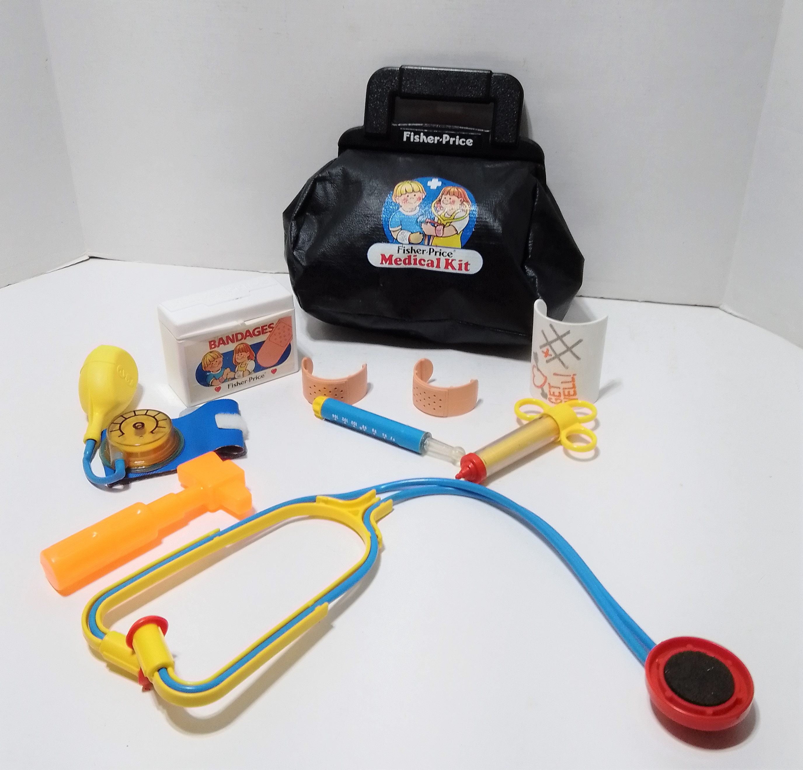 Vintage 1987 Fisher Price Medical Kit Doctors Black Bag 100% 