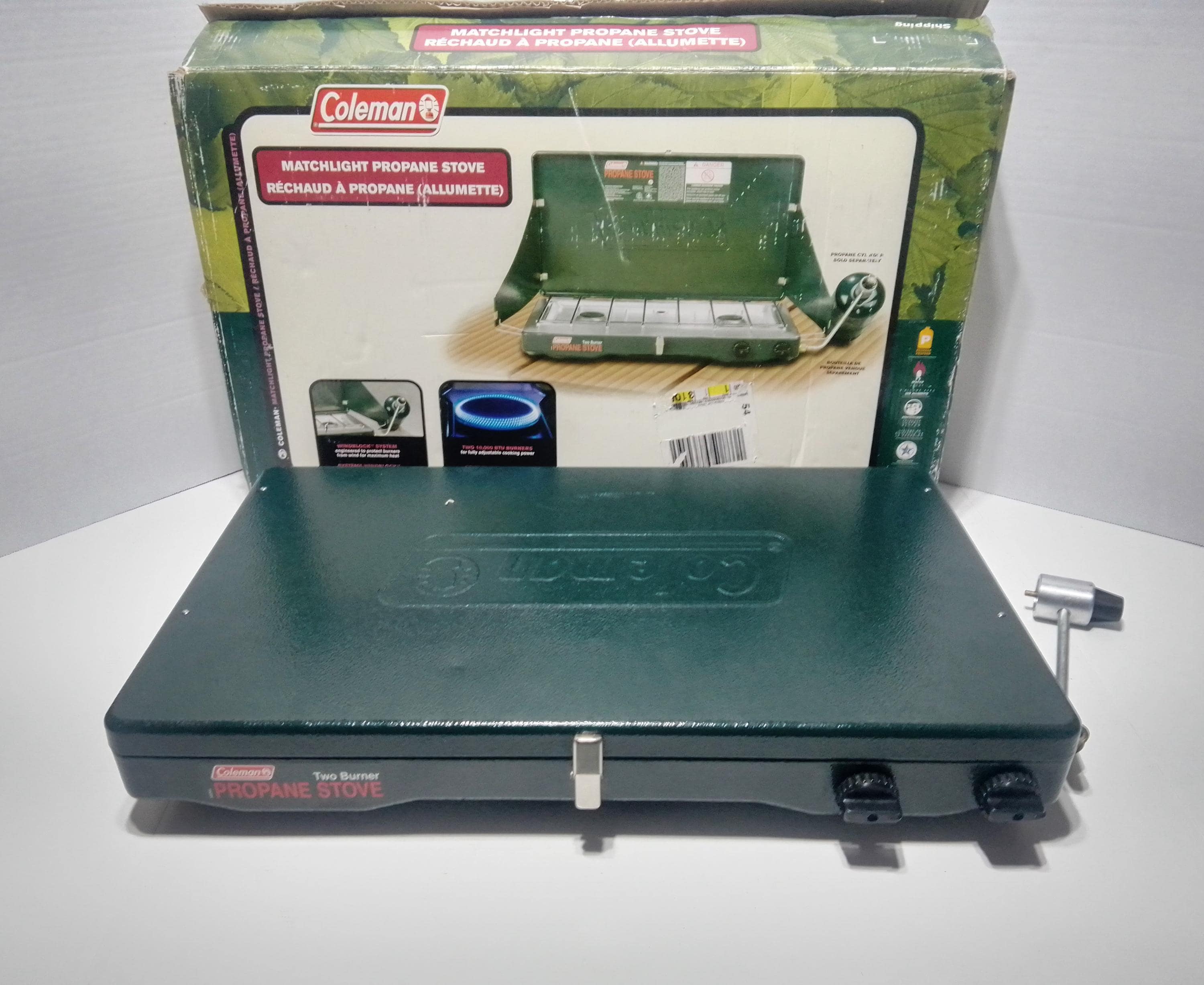 Réchaud de camping vert Coleman modèle 4136 à deux brûleurs vintage