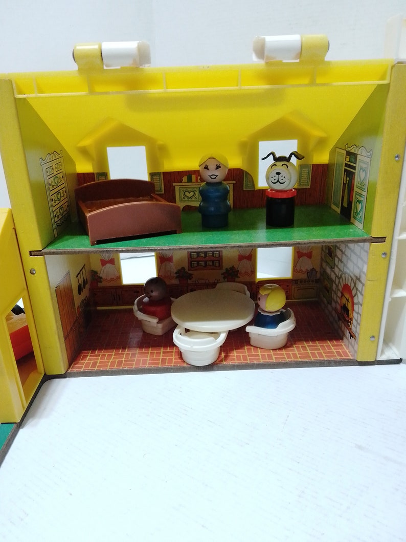 Vintage 1969 Fisher Price Little People 952 Tudor Yellow House with wooden people and original accessories image 5