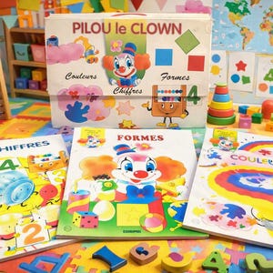 May include: A Pilou le Clown educational box set featuring three books titled Chiffres, Formes, and Couleurs. The box displays a clown illustration, geometric shapes, and numbers. The books show colourful graphics of numbers, shapes, and rainbows.
