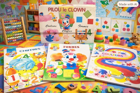 Lot de 3 livres éducatifs PILOU LE CLOWN Livres cartonnés Grand format pédagogique pour enfant Couleur-Chiffre-Forme avec coffret
