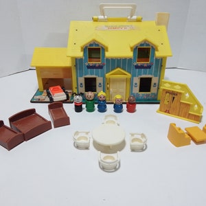 Vintage 1969 Fisher Price Little People 952 Tudor Yellow House with wooden people and original accessories image 1