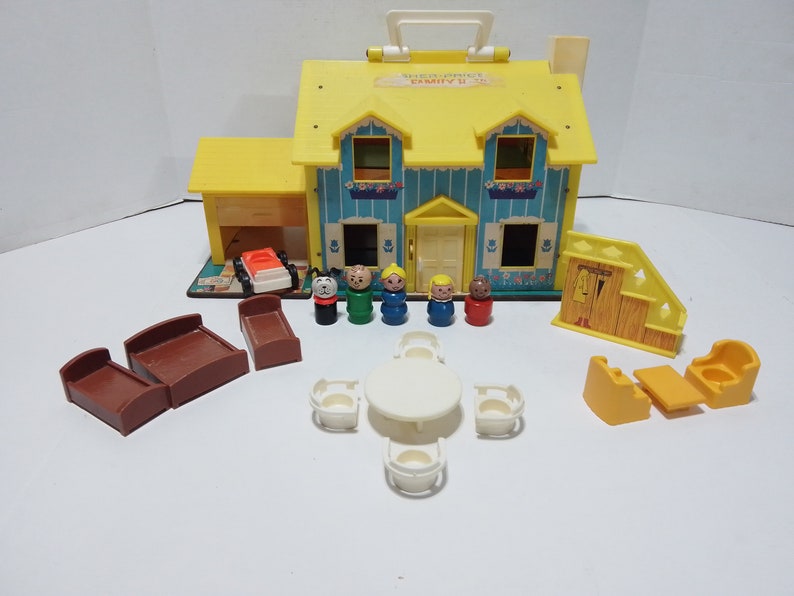 Vintage 1969 Fisher Price Little People 952 Tudor Yellow House with wooden people and original accessories image 1