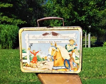 Lonchera antigua y vintage Thermos CO de Metal Lunch Box ROY ROGERS y Dale Evans doble barra Ranch 1954