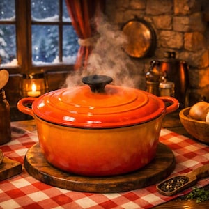 May include: A round, orange enamelled cast iron Dutch oven with a matching lid and two side handles, emitting steam. The pot sits on a circular wooden board atop a red and white chequered cloth, surrounded by rustic kitchen items and fresh produce.