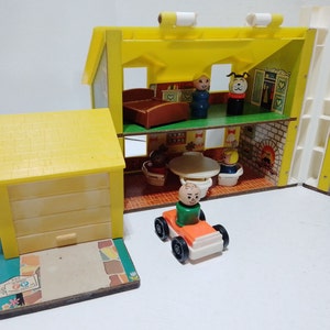 Vintage 1969 Fisher Price Little People 952 Tudor Yellow House with wooden people and original accessories image 4