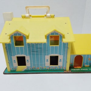 Vintage 1969 Fisher Price Little People 952 Tudor Yellow House with wooden people and original accessories image 8