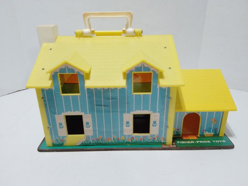 Vintage 1969 Fisher Price Little People 952 Tudor Yellow House with wooden people and original accessories image 8