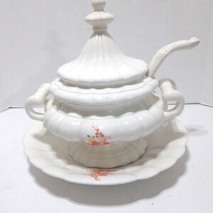 Vintage 1970'S White and Orange Flower Soup Tureen with Plate and Matching Ladle