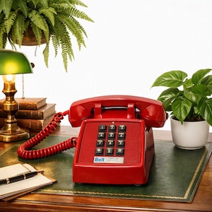 May include: A bright red landline telephone with a matching coiled cord and a black push-button keypad. The base features a white label with the word Bell printed in blue text. The device has a classic design with a handset resting on the cradle.