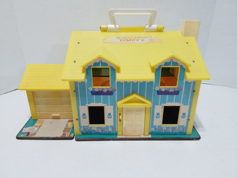 Vintage 1969 Fisher Price Little People 952 Tudor Yellow House with wooden people and original accessories image 7