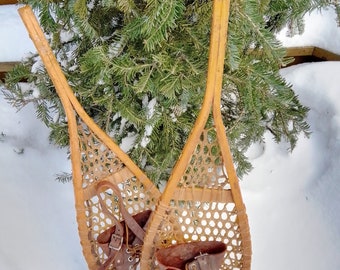 Antique 1960'S little Snow Shoes 30inches X 9inches  from Quebec Canada Perfect for home decor - Wood and leather