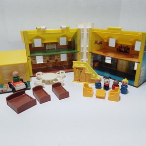 Vintage 1969 Fisher Price Little People 952 Tudor Yellow House with wooden people and original accessories image 2