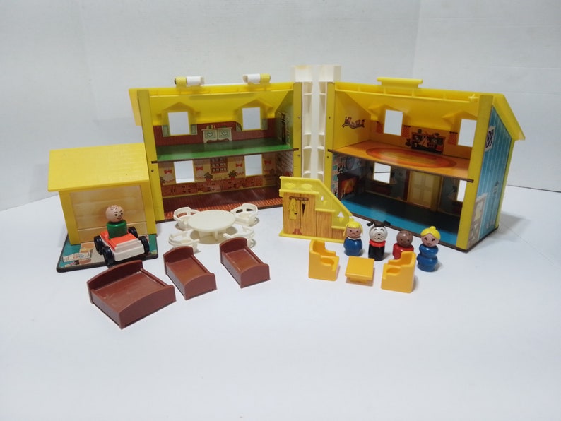 Vintage 1969 Fisher Price Little People 952 Tudor Yellow House with wooden people and original accessories image 2