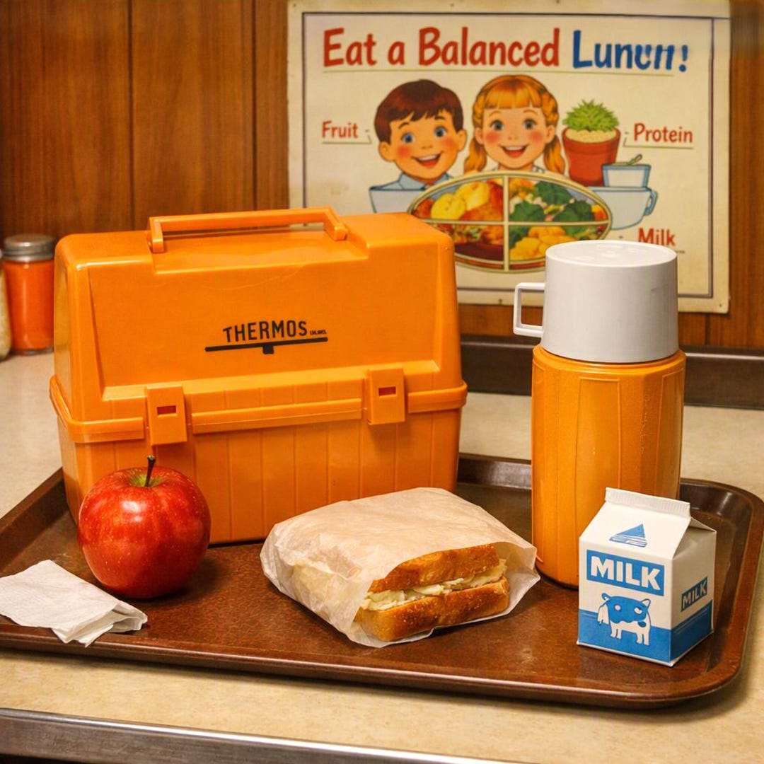 Vintage Mid Century Modern Orange Plastic Thermos Lunch Box and Matching Thermos Bottle Made in Canada