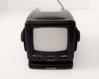 Vintage 1980'S Curtis mini Portable Black and White TV With 5" Screen Am/fm Radio RT068 Tested Works!!