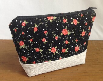 Roses on Black Zipper Pouch, Cosmetic Bag, Accessory Bag