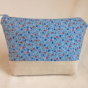 Blue Flowered Zipper Pouch, Cosmetic Bag, Accessory Pouch
