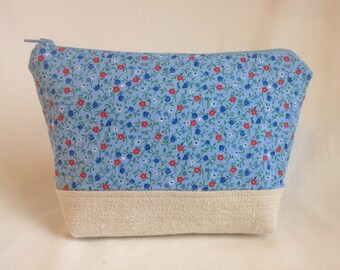 Blue Flowered Zipper Pouch, Cosmetic Bag, Accessory Pouch