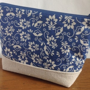 Blue and Cream Zipper Pouch, Cosmetic Bag, Accessory Bag