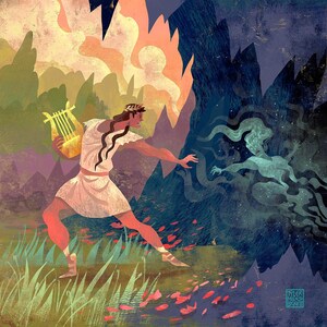 May include: A man with a lyre in his hand runs away from a shadowy figure in a cave. The man is wearing a white robe and a crown. The cave is dark and mysterious. The background is a mix of green and orange.