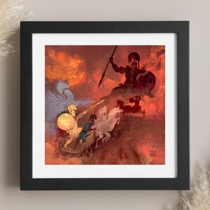 Impresión artística de la batalla de Heracles y Cycnus / Estudio Lockett / Mitología griega / Escudo de Heracles / Decoración épica antigua / Arte mural