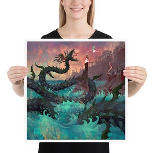 Perseus rescues Andromeda from a vicious sea serpent in this breathtaking Greek mythology artwork. A true moment of heroism and love.