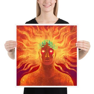 Apollo, Greek god of prophecy and music, radiates divine light in this art print. Perfect for mythology lovers and those seeking to brighten their space.