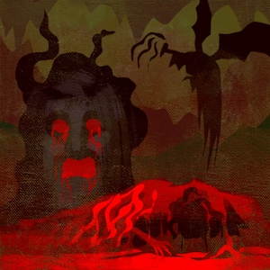 Pu&ograve; includere: Un dipinto digitale che rappresenta una figura oscura e ombrosa con corna e occhi rossi luminosi. La figura piange lacrime rosse. Lo sfondo &egrave; un paesaggio scuro, rosso e verde.