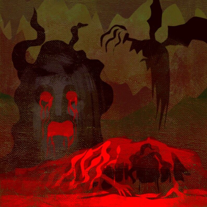 Pu&ograve; includere: Un dipinto digitale che rappresenta una figura oscura e ombrosa con corna e occhi rossi luminosi. La figura piange lacrime rosse. Lo sfondo &egrave; un paesaggio scuro, rosso e verde.