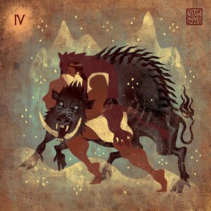 May include: Illustration of a boar with large tusks, being ridden by a figure. The artwork has a vintage style with a color palette of brown, blue, and yellow. The number "IV" is in the upper left corner, and the artist's name is in the upper right.