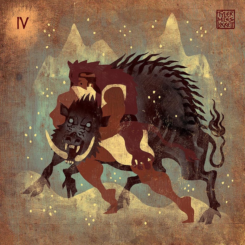 May include: Illustration of a boar with large tusks, being ridden by a figure. The artwork has a vintage style with a color palette of brown, blue, and yellow. The number "IV" is in the upper left corner, and the artist's name is in the upper right.