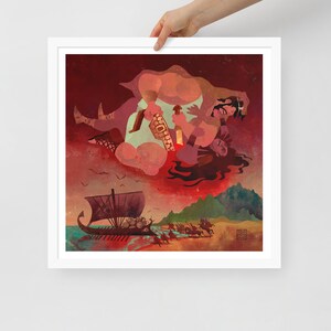 May include: A framed art print depicting a stylized Viking scene. The artwork features a longboat on the water, figures on horseback, and a battle scene in the sky. The color palette includes reds, browns, and blues.