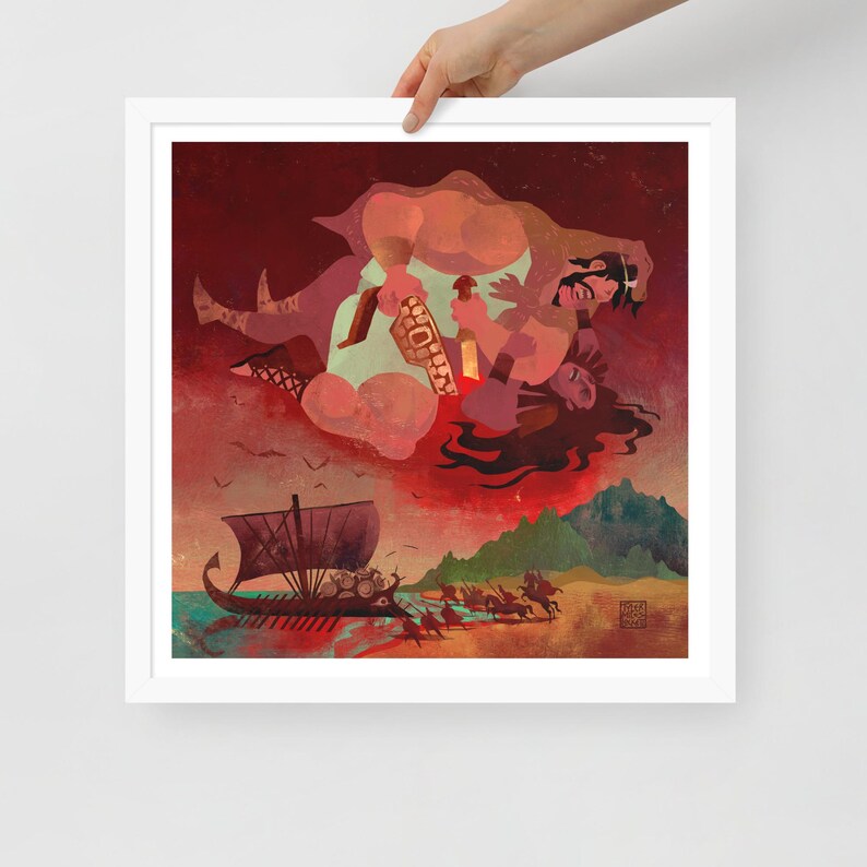May include: A framed art print depicting a stylized Viking scene. The artwork features a longboat on the water, figures on horseback, and a battle scene in the sky. The color palette includes reds, browns, and blues.