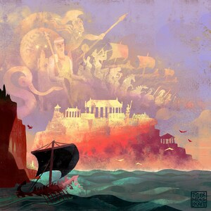 Capture the moment Theseus names the Aegean Sea and becomes King of Athens in this stunning Lockett Studio print, celebrating myth and Greek unification.