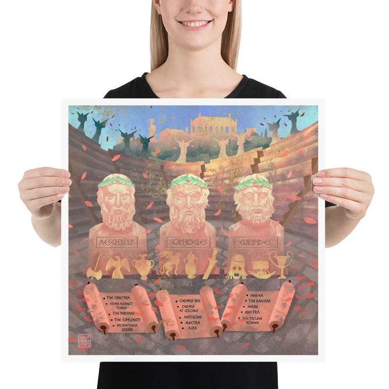 Art print featuring Aeschylus, Sophocles, and Euripides—masters of ancient Greek drama. Perfect for history lovers and fans of Greek theatre.