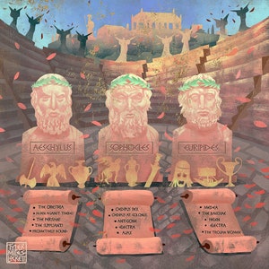 Art print featuring Aeschylus, Sophocles, and Euripides—masters of ancient Greek drama. Perfect for history lovers and fans of Greek theatre.