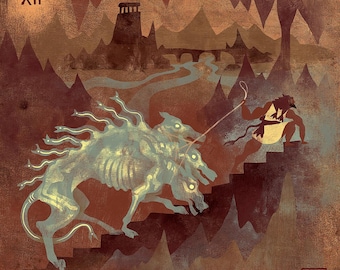 16: El duodécimo trabajo: Cerbero del Hades / pegatina / El duodécimo trabajo / Rescatar a Cerbero del Hades / Mitología griega / Lockettopia