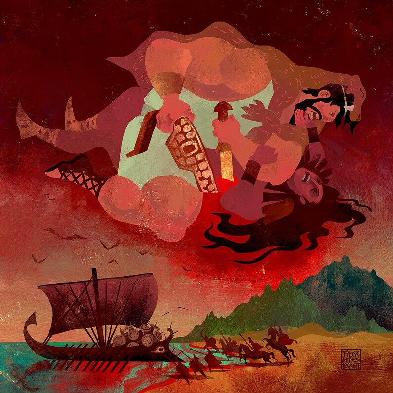 May include: Illustration of a battle scene with a Viking ship on the water and warriors on horseback. Two figures are locked in combat above the ship. The artwork is rendered in shades of red, brown, and green, with a stylized, graphic aesthetic.