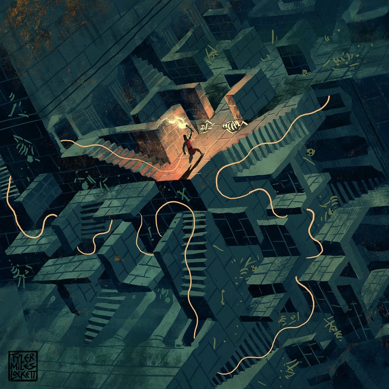 This striking print of Ariadne's labyrinth highlights Theseus' perilous journey to defeat the Minotaur. A must-have for fans of Greek mythology and adventure.