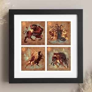 Heracles Labors 1-4 | Greek Mythology Art | Lockett Studio | Twelve Labors | Nemean Lion | Greek History Art Print | Epic Wall Art