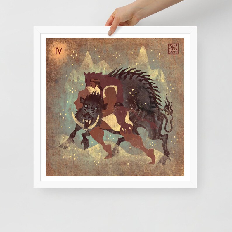 May include: A framed art print featuring a stylized illustration of a figure wrestling a boar. The artwork is in shades of brown, gold, and blue, with the Roman numeral IV in the upper left corner. The artist's signature is in the upper right.