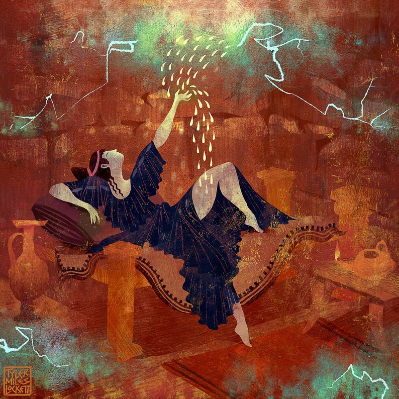 Stunning art print of Zeus' visit to Danae, bringing forth the birth of Perseus. A beautiful depiction of divine seduction in Greek mythology.