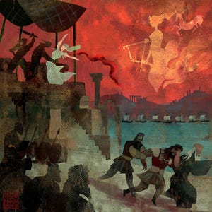 Puede incluir: Ilustraci&oacute;n de una escena dram&aacute;tica con figuras vestidas con atuendos cl&aacute;sicos. Una mujer con arco y flechas est&aacute; en el cielo, mientras que las figuras en el suelo parecen estar en conflicto. La paleta de colores est&aacute; dominada por rojos, naranjas y azules.