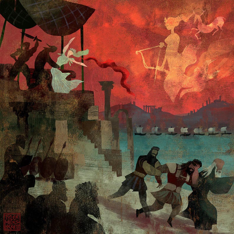 Puede incluir: Ilustraci&oacute;n de una escena dram&aacute;tica con figuras vestidas con atuendos cl&aacute;sicos. Una mujer con arco y flechas est&aacute; en el cielo, mientras que las figuras en el suelo parecen estar en conflicto. La paleta de colores est&aacute; dominada por rojos, naranjas y azules.