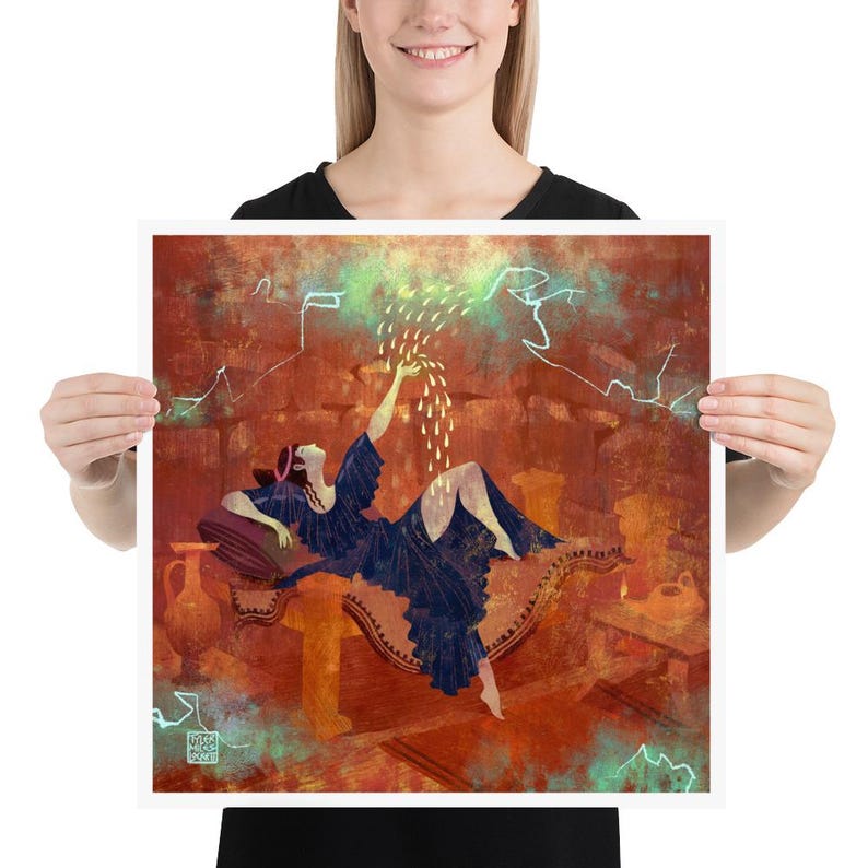 Stunning art print of Zeus' visit to Danae, bringing forth the birth of Perseus. A beautiful depiction of divine seduction in Greek mythology.