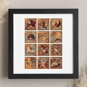 Póster de los trabajos de Hércules / Impresión artística de mitología griega / Lockett Studio / Los 12 trabajos de Hércules / Arte mural de Hércules / Decoración de mitología antigua