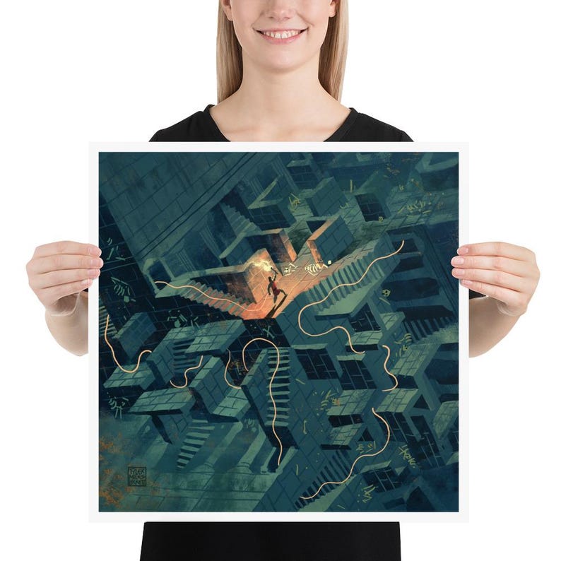 This striking print of Ariadne's labyrinth highlights Theseus' perilous journey to defeat the Minotaur. A must-have for fans of Greek mythology and adventure.