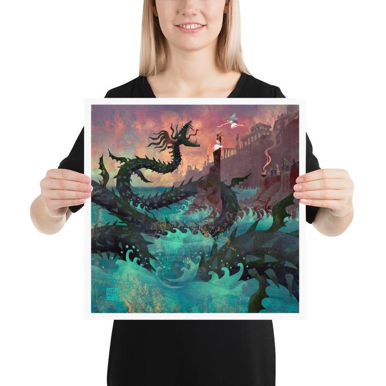 Perseus rescues Andromeda from a vicious sea serpent in this breathtaking Greek mythology artwork. A true moment of heroism and love.