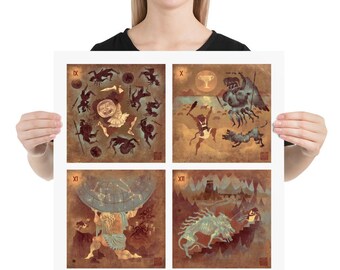 Heracles Labors 9-12 | Art Print | Girdle of hippolyta | cattle of Geryon | hesperides apples | cerberus of Hades | Lockettopia